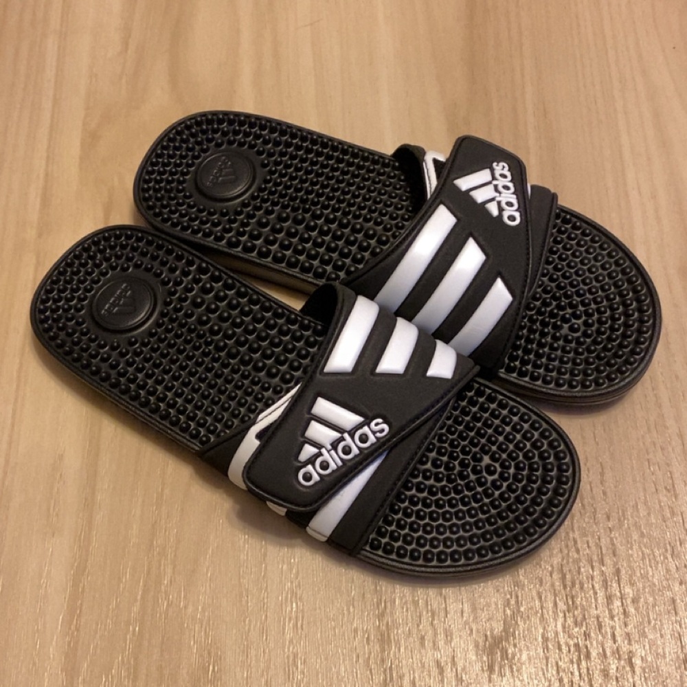 adidas Black Slides with White Stripes